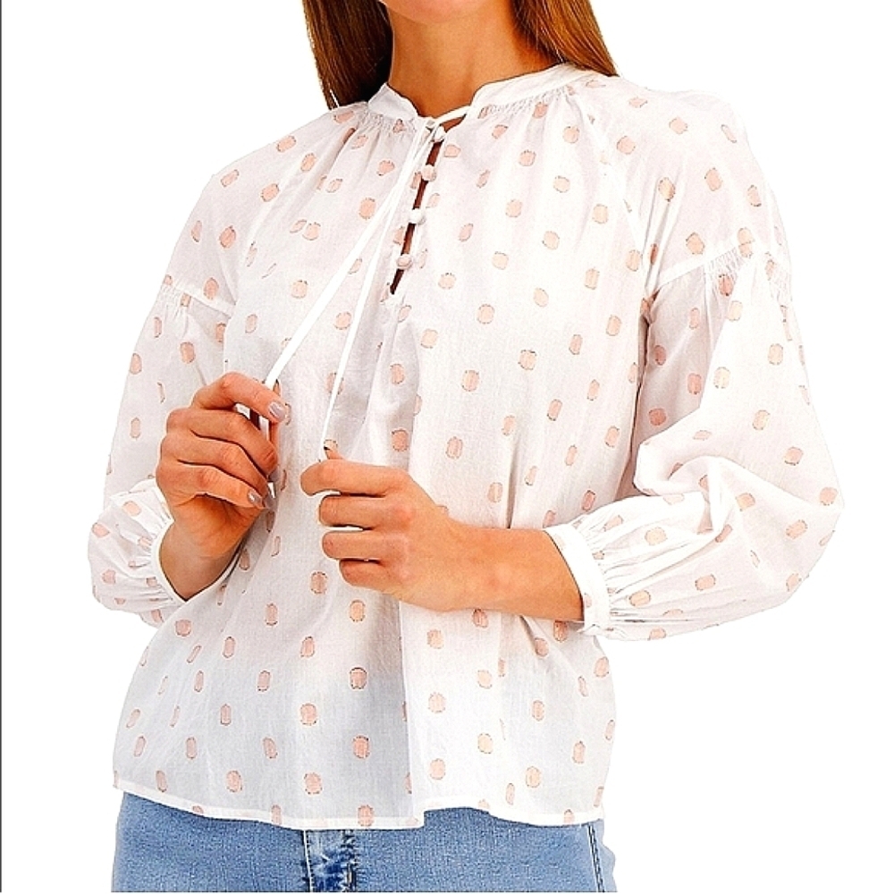 Charter Club White Cotton Metallic-Threaded Clip-Dot Poof‎ Sleeve Poet Top XL